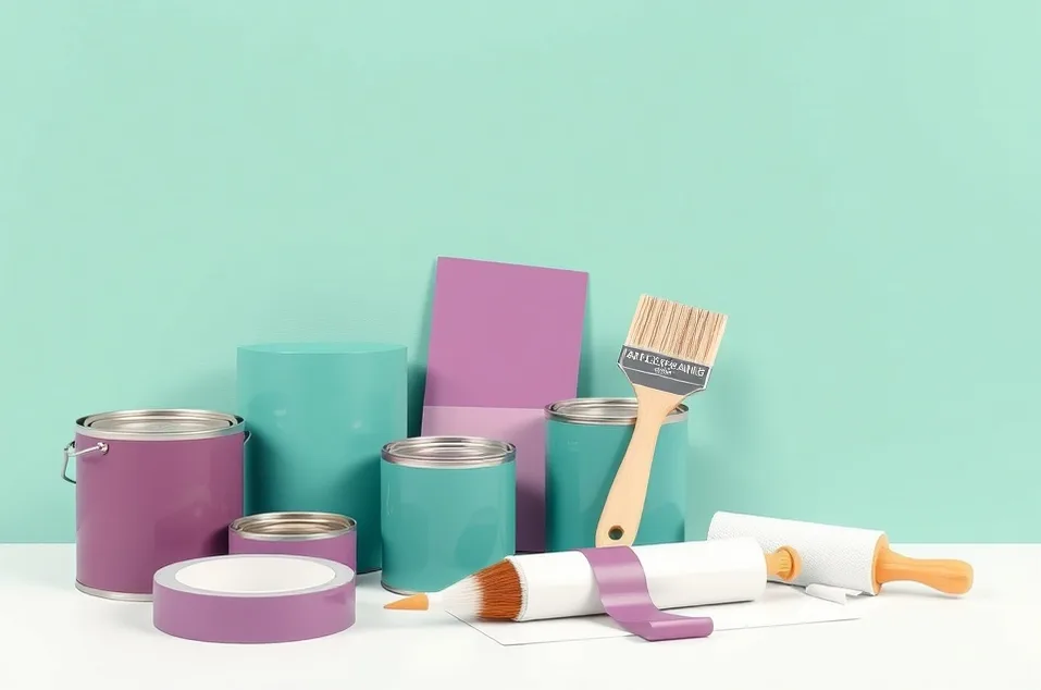 Pots de peinture, nuancier, brosses et rouleaux disposés à plat