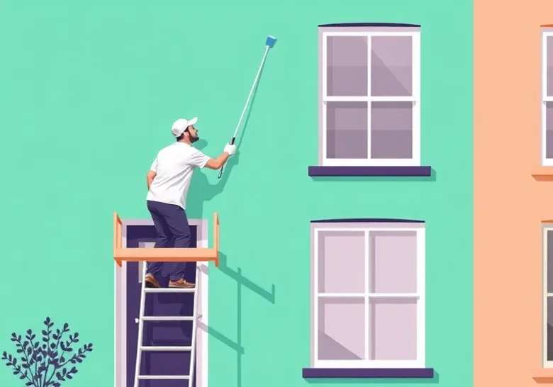 Peintre sur échafaudage traitant la façade d'une maison