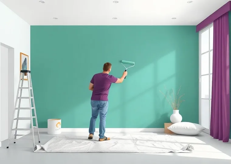 Peintre appliquant la peinture au rouleau sur un mur de salon